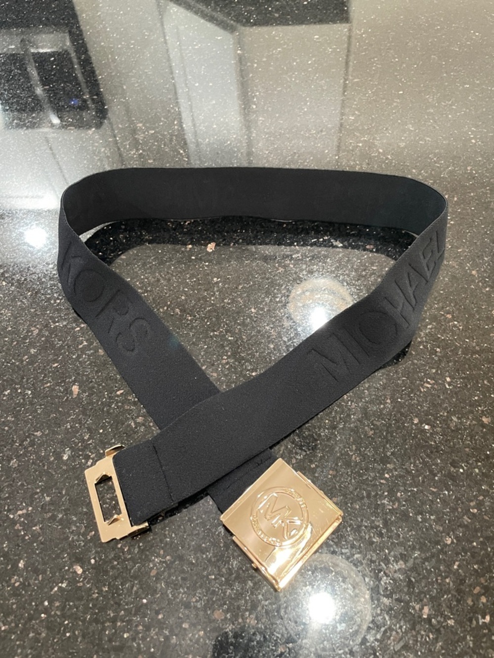Michael Kors Women's Logo-Print Stretch Belt Black with Gold MK Buckle